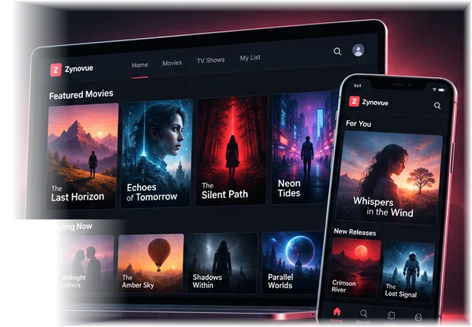 Monitor and smartphone showing illustrated fictional movie posters in a cinematic app interface